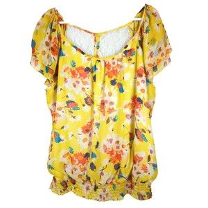 Belle Du Jeur Women Sz 2X Yellow Floral Sheer Top Laced Back